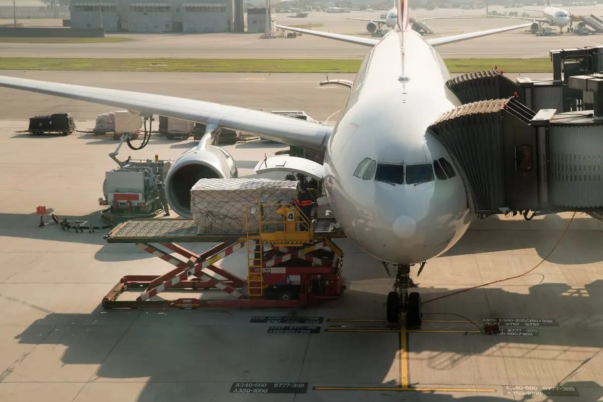 Air cargo being loaded onto a freight aircraft at dusk