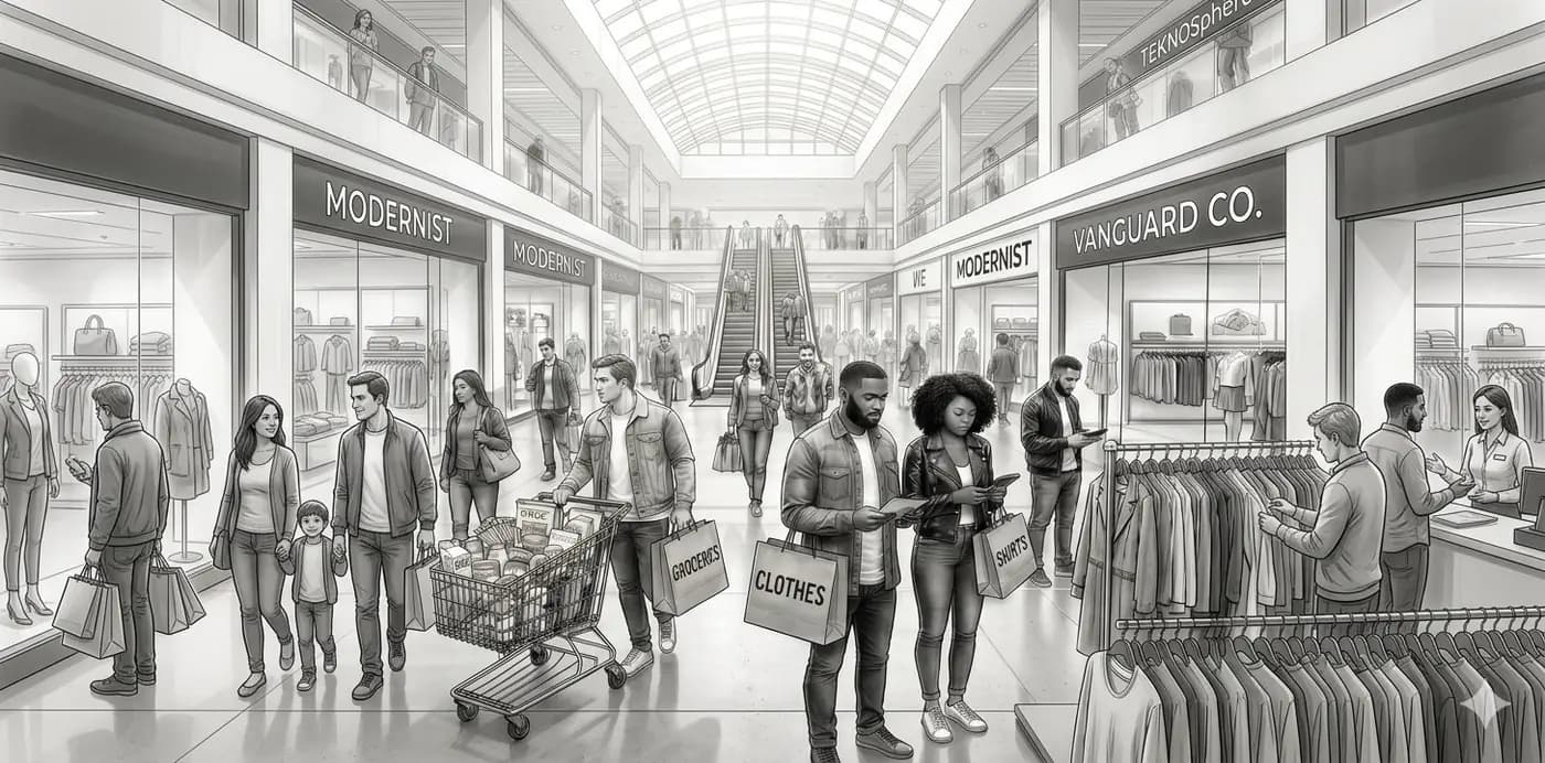 Shoppers moving through a modern multi-brand retail environment