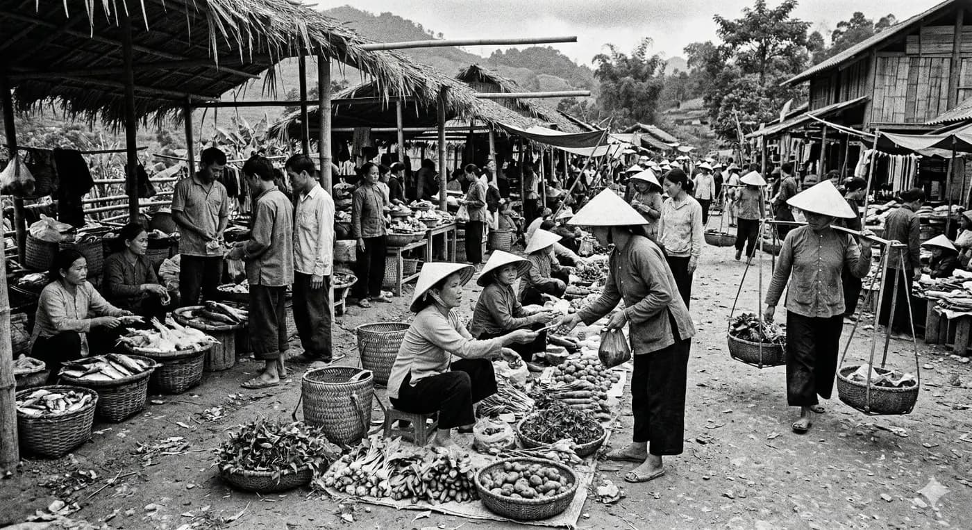 Vendors and buyers trading produce at a rural village market