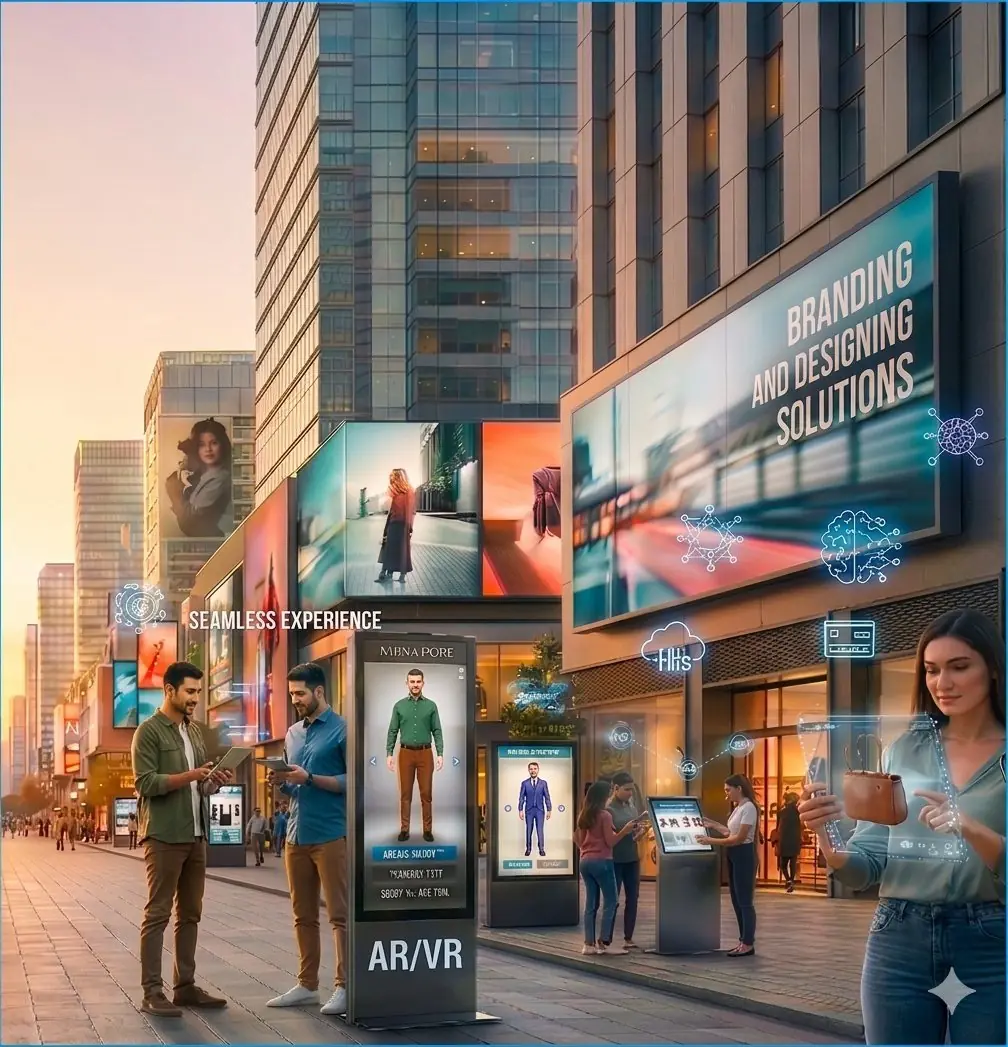 Digital retail street with interactive commerce displays and connected storefronts