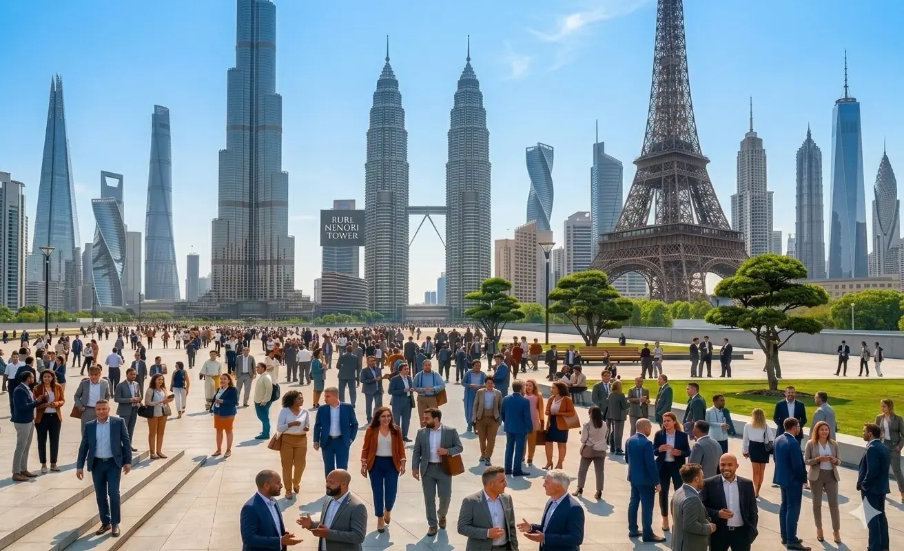 Business professionals meeting in a plaza framed by landmark towers from major world markets