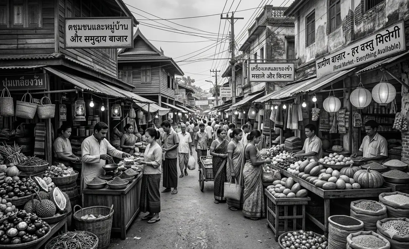 Traders and shoppers along a South Asian market street lined with grocery and spice stalls