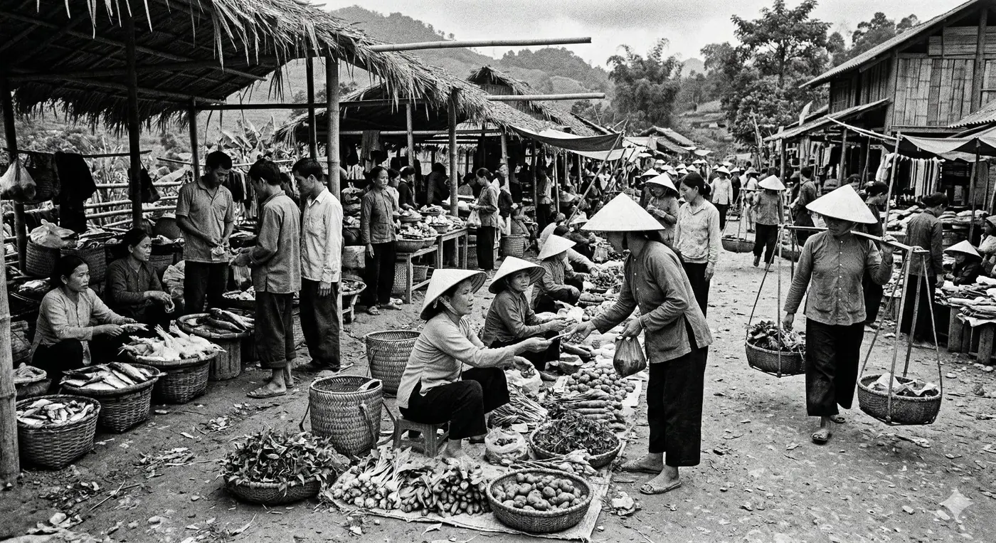 Vendors and buyers trading produce at a rural village market